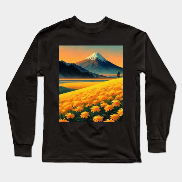 Journey To Mount Fuji - Samurai and Yellow Wildflower Long Sleeve T-Shirt by AnimeVision